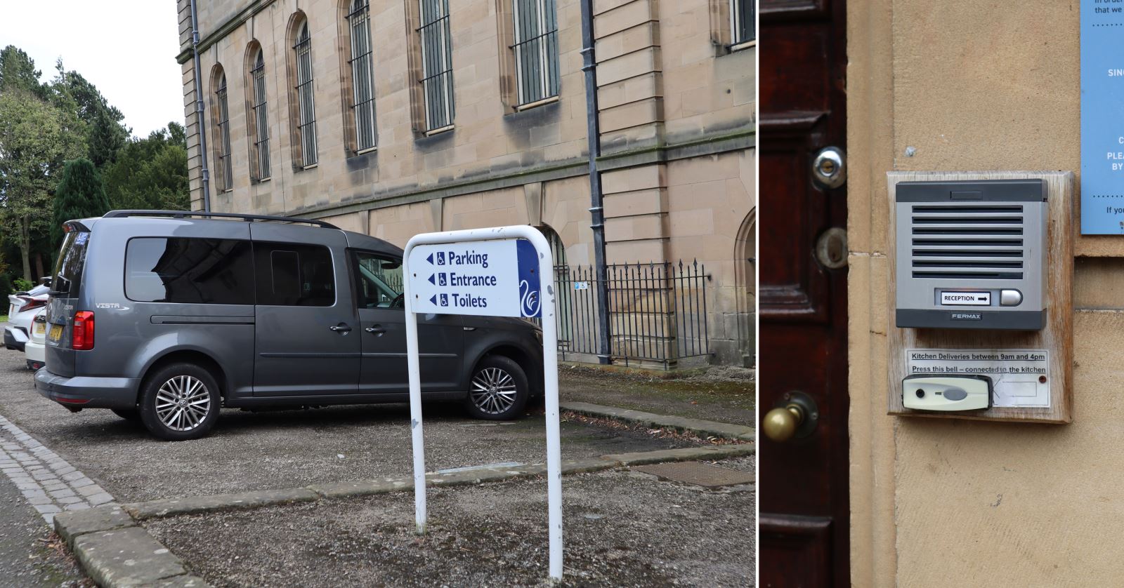 view of the disabled car parking and buzzer on the wall at The Bowes Museum